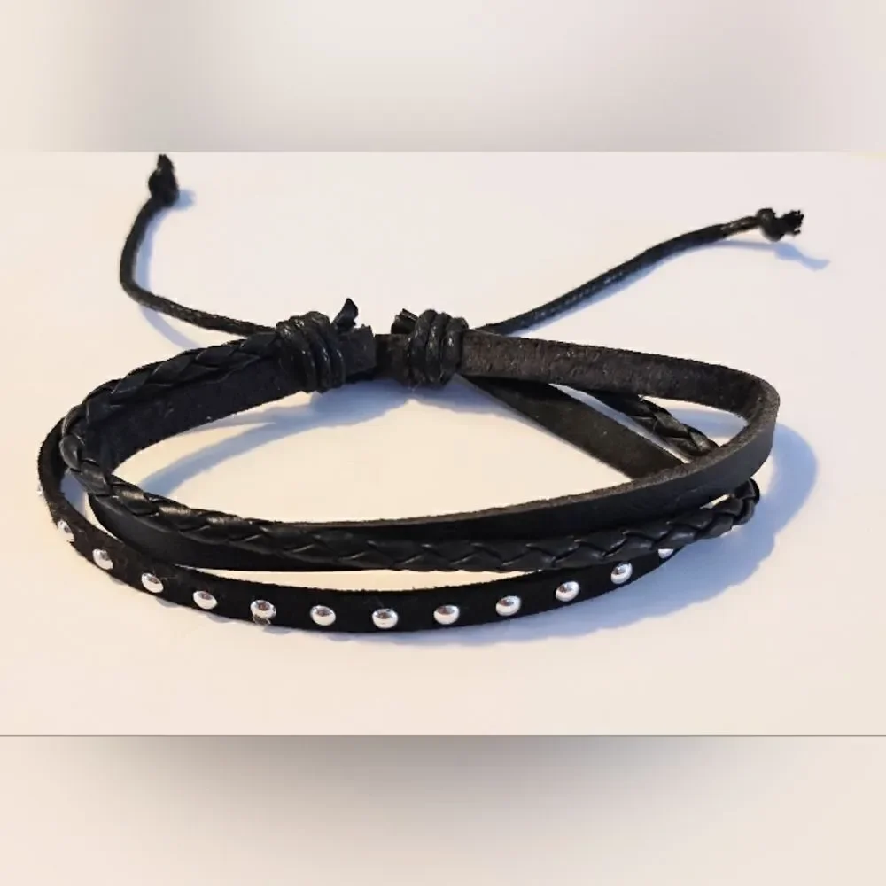 Men's bracelet leather‎ braided layered black new d38